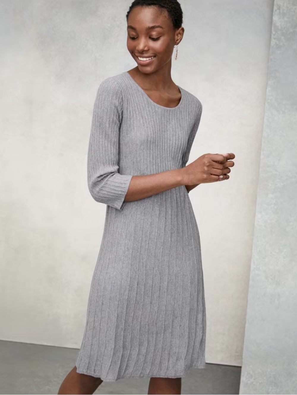 Eileen Fisher Washable Wool Scoop Neck Dress Washable Sz S Gray Accordion Pleat